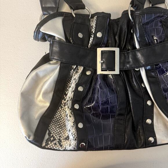 Y2K Patchwork Hobo Bag Purse Reptile Purple Black Shoulder Bag Studded - Picture 2 of 6